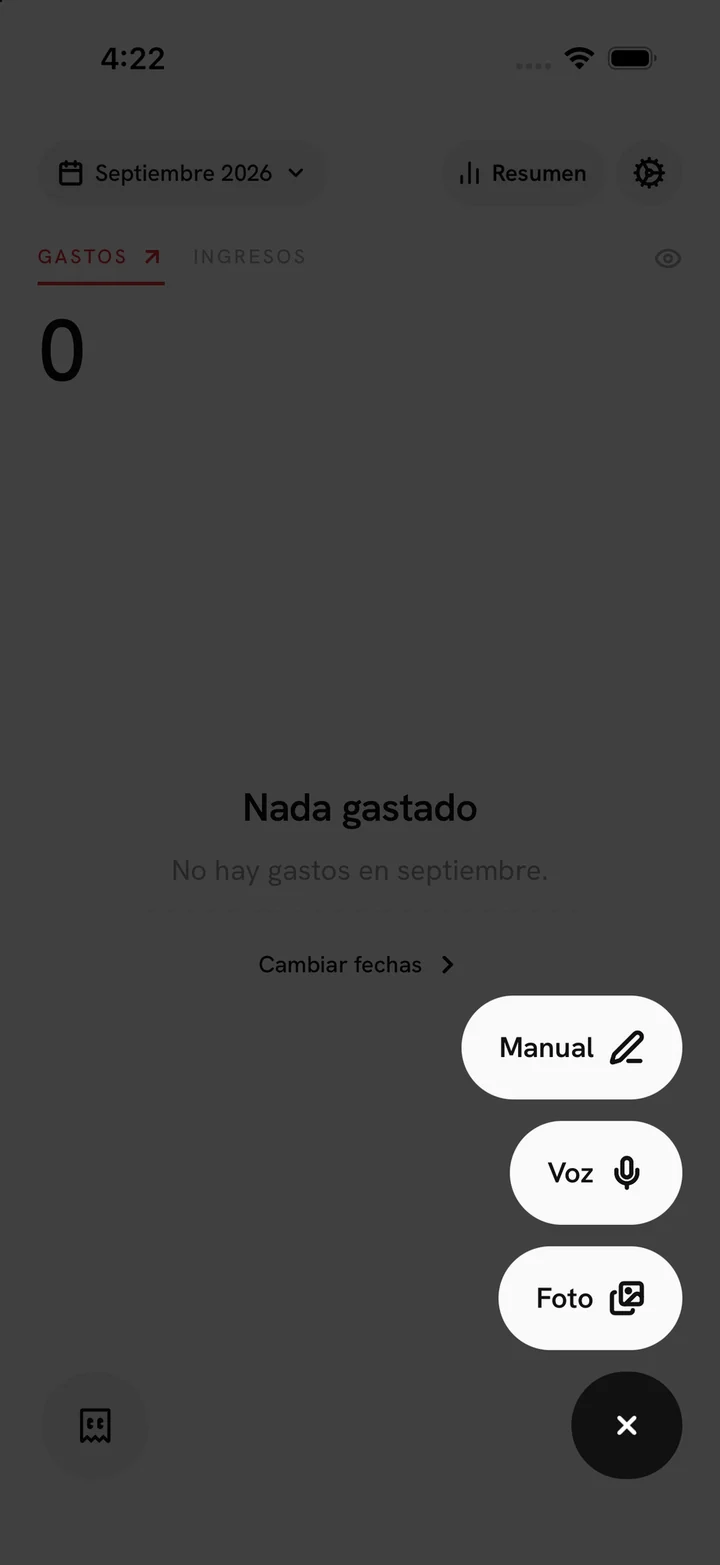 El menú para registrar un gasto: Manual, Voz o Foto