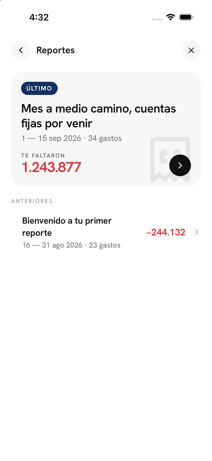 La lista de reportes quincenales, con el último destacado